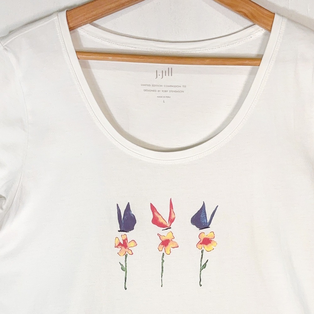 J. Jill x Toby Stevenson Tee Womens L White Compassion Flower Pima Cotton